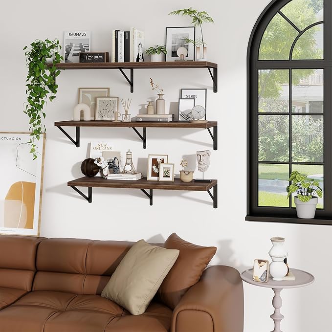 Deep Wall Shelves 55"W x 12"D Engineered Wood Floating Shelves for Wall, Sturdy Metal Bracket Bookshelves Home Decor Storage for Living Room Bedroom Bathroom Kitchen, Set of 2, Walnut Finish