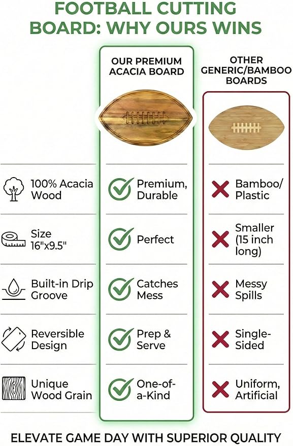Football Shaped Cutting Board – 16X9.5 INCH – Acacia Wood Charcuterie Tray – Wooden Football Serving Platter for Super Bowl Parties, Tailgate Hosting & Gifts
