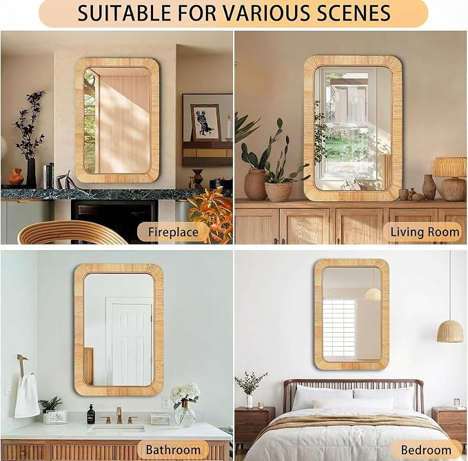 Rattan Rectangular Mirror 24x36, Boho Decorative Wall Mirror for Bathroom, Farmhouse Vanity Mirror for Nursery, Bedroom, Living Room Decor, Nursery & Children's Room