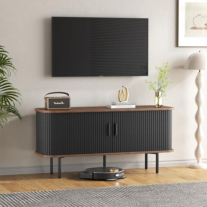 55''W Black Cabinet with Storage, Media Console, Tambour TV Stand, Television Stands with Curvy Edge; Sliding Door, Fluted Cabinet, Buffet Sideboard, Credenza, Table Stand for Living Room, Kitchen