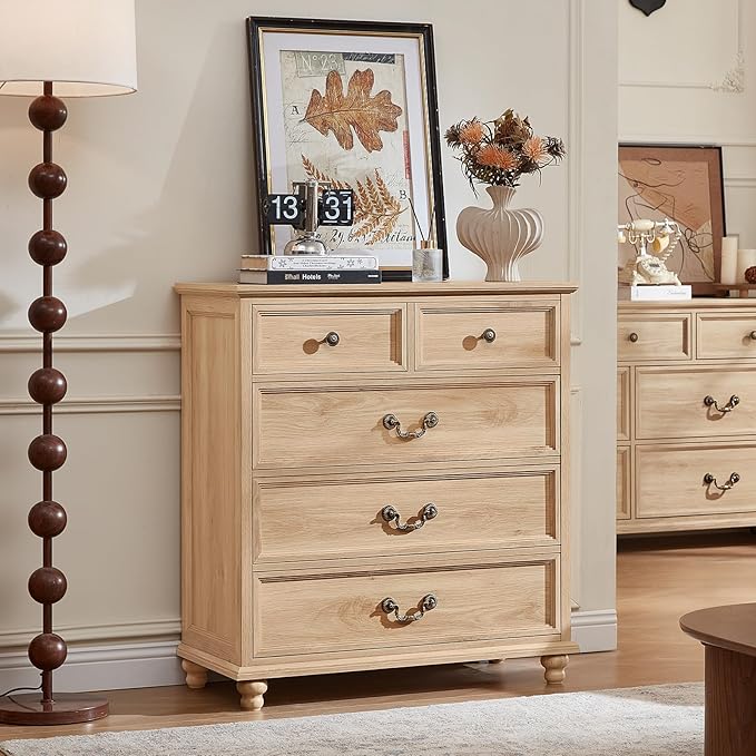 Farmhouse 5 Drawer Dresser for Bedroom, 35" Tall Rustic Chests of Drawers w/ 4 Solid Wood Feet, Mid Century Modern Wooden Closet Storage Dressers Organizer for Living Room, Hallway,Natural