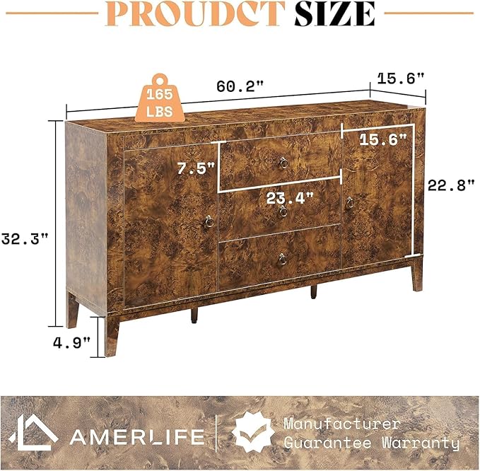 AMERLIFE 60" Large High Gloss Burl Buffet Sideboard Cabinet, Wood Sideboard Storage Cabinet with Drawers, Retro Handles, Heavy Duty Coffee Wine Bar Buffet Table for Dining Room, Living Room, Brown