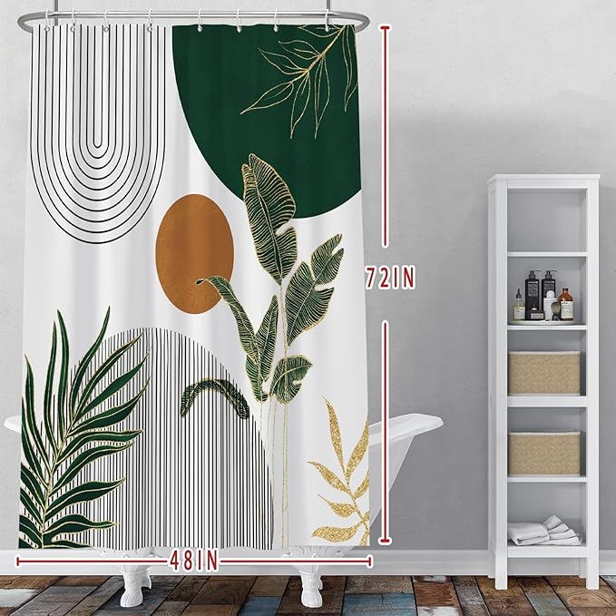 Baocicoo Boho Mid Century Shower Curtain Abstract Sun Green Banana Leaves Curve Aesthetic Shower Curtain for Bathroom Cubicle Living Room Waterproof Curtain for Bathroom with Hooks 48x72 Inches
