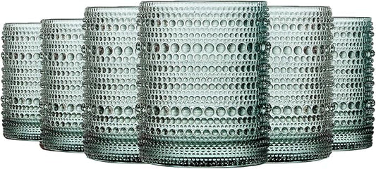 Sage Green Hobnail Drinking Tumbler | Set of 6 | 11 OZ Bubble Design Vintage Glassware, Beverage Glasses Bubble Water, Wine, Old Fashioned Cocktail, Whiskey Rocks Glass Cup, Elegant Glassware Gifts