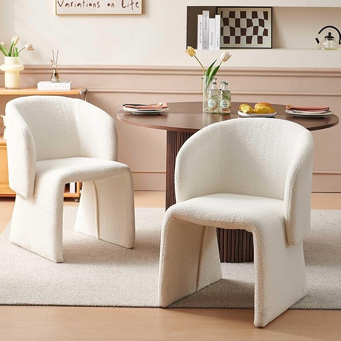 NORDICANA 3-Piece Round Dining Table Set for 2, Rustic 47-Inch Kitchen Table and Chair Set, Dining Set with Off White Upholstered Armchairs, Manufactured Wood Top with Walnut Veneer