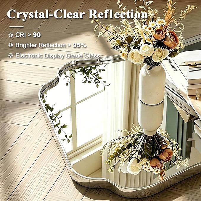 ANDY STAR Chrome Bathroom Mirror 24x30 Inches, Modern Scalloped Wall Mirror with Distinctive Notched Edge Stainless Steel Frame for Hallway, Lounge and Vanity Area