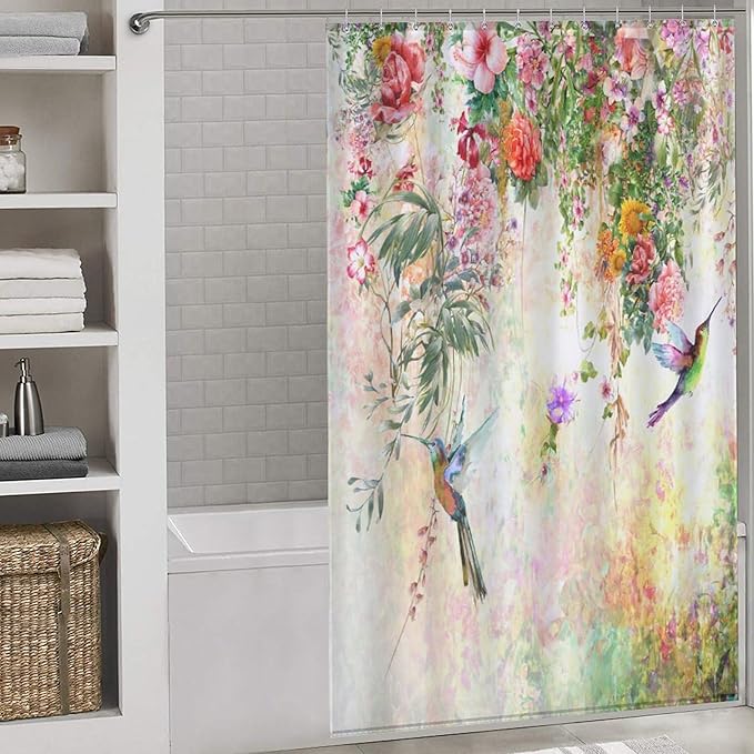 Watercolor Flowers Hummingbird Shower Curtain,Watercolor Floral with Tropical Flower Bird Butterfly Spring And Summer Waterproof Shower Curtains for Bathroom Decor 12 Pack Hooks 55x72in（140x183cm）