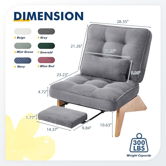 Accent Chair with Ottoman Adjustable Backrest, Stripe Living Room Chair Indoor Lounge Chair with Build-in Footrest Set, Modern Chair Cozy Reclining Chair for Reading Room, Grey