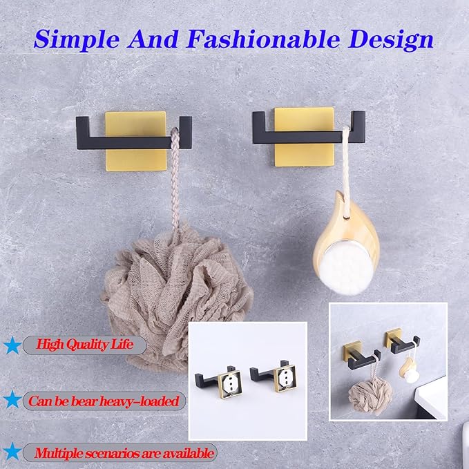 GERZWY Bathroom Hooks, Double Towel Robe/Coat Clothes Hook Stainless Steel Hanger Wall Hooks Heavy Duty for Bath Wall Mounted 2 Pack (Black & Gold) AG1417B-BD