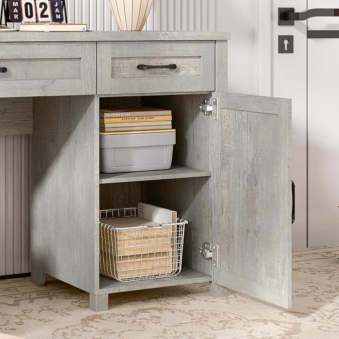 Vabches Farmhouse 61'' Executive Desk with 5 Drawers, Rustic Office Desk Computer Desks with Charging Station, File Drawers and Storage Cabinet, Wood Workstation for Study and Home Office,(Grey).