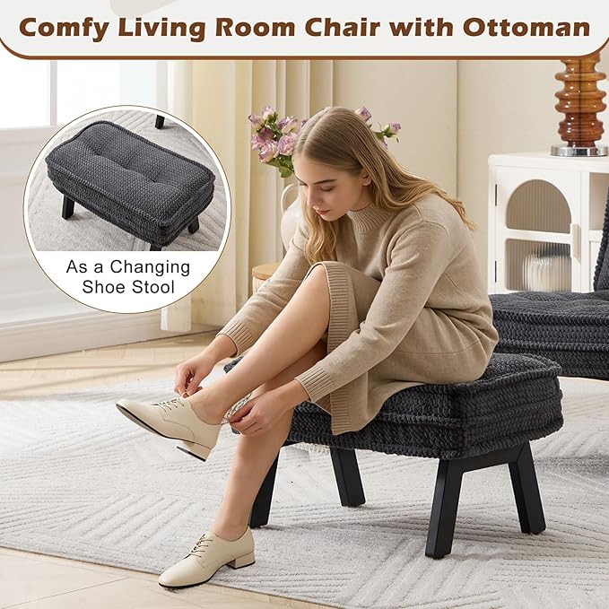 ANJ Armless Accent Chair with Ottoman Adjustable Backrest, Black Living Room Chair Tufted Upholstered Lounge Chair with Footrest Set, Modern Chair Cozy Reclining Chair for Reading Room Bedroom