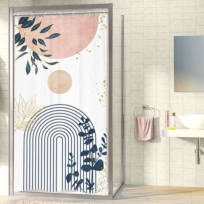 Riyidecor Small Stall Rv Narrow Half Shower Curtain for Bathroom Decor 36Wx72H Pink Blue Abstract Boho Modern Single Stand Up Minimalist Art Printed Fabric Polyester Waterproof 7 Pack Plastic Hook