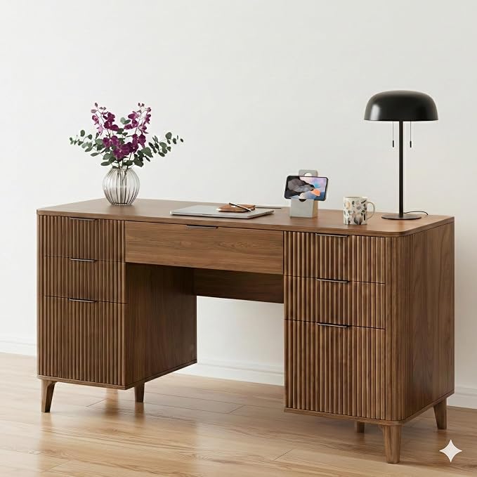 Walnut Desk with Drawers, 55" Fluted Executive Desk with Storage Cabinet, Wood Home Office Desk with File Cabinet, Modern Computer Writing Desk for Study, Living Room, Bedroom