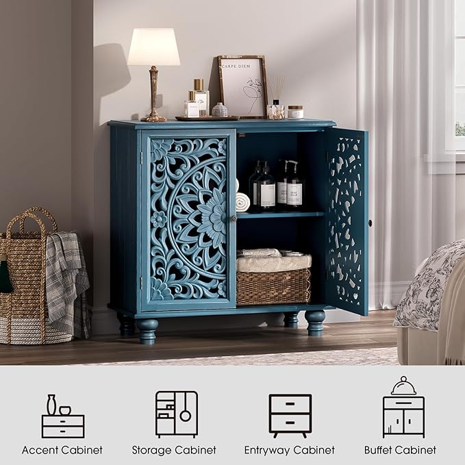 Blue Accent Cabinet with Carved Doors, 31" Storage Cabinet for Entryway & Living Room, Vintage Sideboard Buffet Table with Adjustable Shelf, Solid Wood Legs, Boho Home Decor