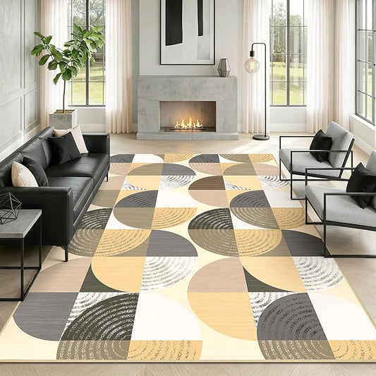 Merelax 6x9 Geometric Rugs for Living Room - Washable Non-Slip Large Bedroom Rug, Indoor Floor Carpet Low Pile Soft Area Rug for Dining Room, Mudroom, Modern Aesthetic Geometric Decor, Light Tan