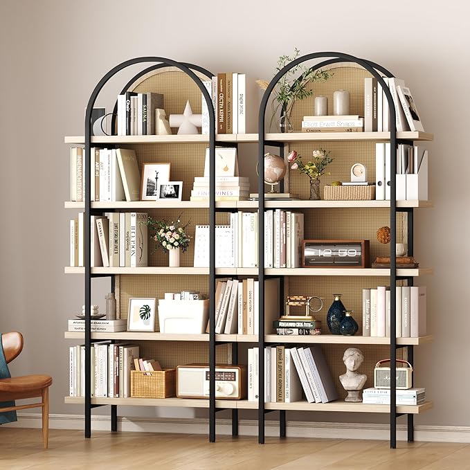 Yusong Bookshelf Rattan 5 Tier Arched Bookcase, 74" Tall Industrial Open Book Shelves for Living Room, Modern Freestanding Display Shelving Boho Storage Rack with Metal Frame for Office, Brown