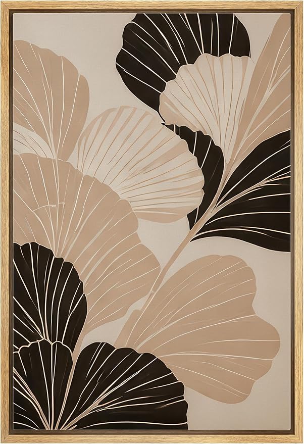 Woodrose Framed Canvas Print Wall Art Ginkgo Leaves Monochrome Nature Abstract Illustrations Modern Art Minimalist 3D Colorful Ultra for Living Room, Bedroom, Office - 24"x36" NATURAL
