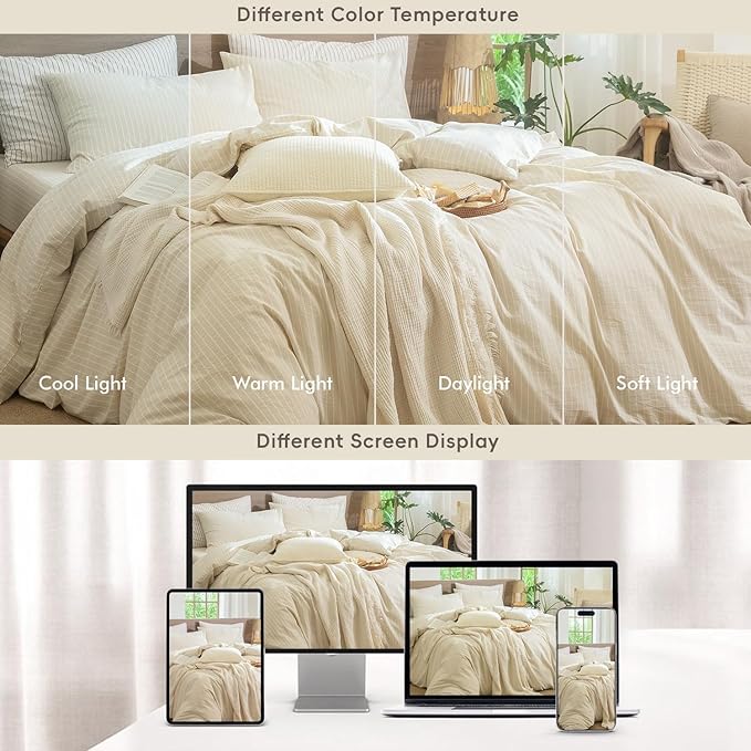 MooMee Striped Duvet Cover Set 100% Washed Cotton Linen Like Textured Breathable Durable Soft Comfy (Almond Milk Grey White Wide Stripes, Oversized Queen 98"x98")