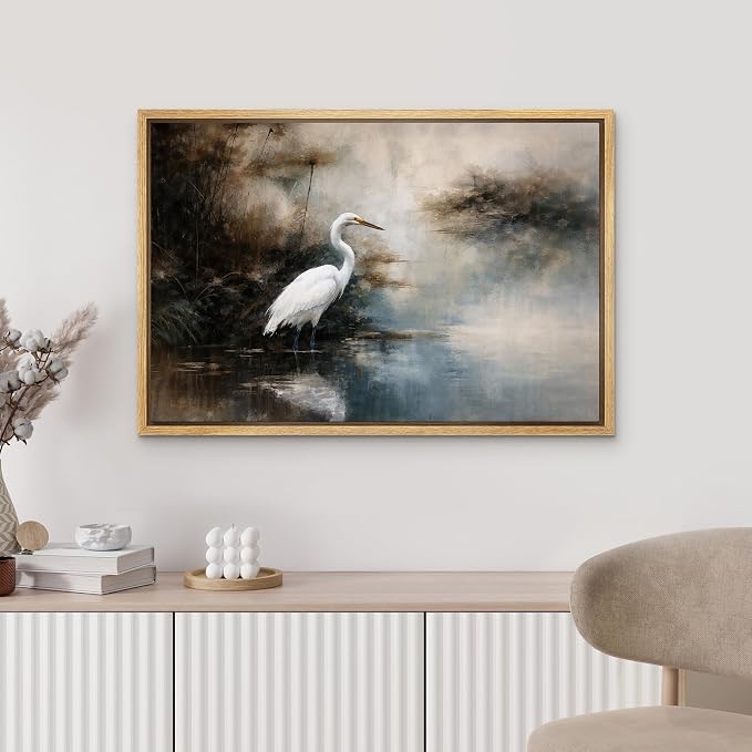 MUDECOR Framed Canvas Print Wall Art White Egret by Misty Waters Nature Landscape Illustrations Minimalism Decorative Bohemian Zen for Living Room, Bedroom, Office - 24"x36" NATURAL