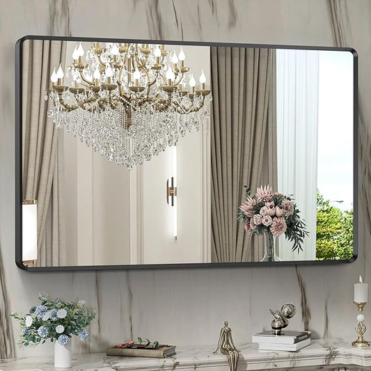 48x30 inch Black Bathroom Mirror, Modern Vanity Wall Mirror, Large Rectangle Metal Aluminum Frame, Shatter-Proof, Vertical or Horizontal Hanging