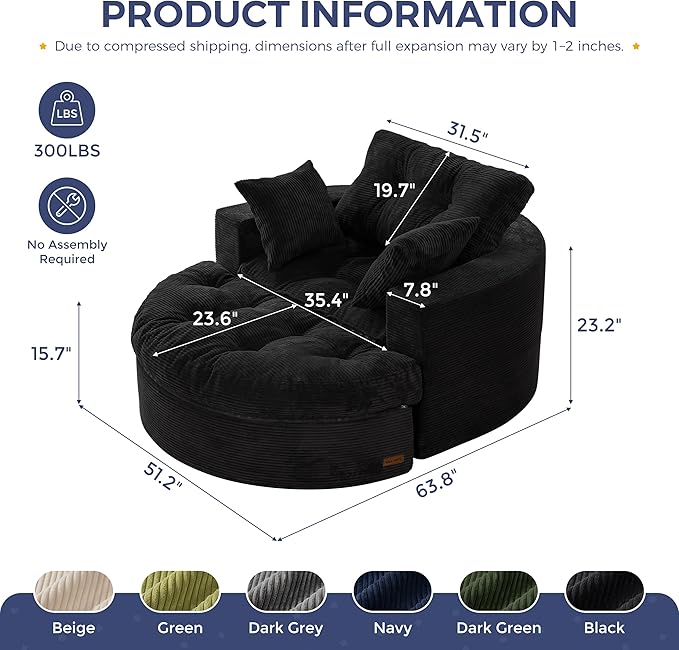 MAXYOYO Oversized Round Chaise Lounge Sofa, Upholstered Lounge Chair with 3 Pillows, Boneless Sofa Couch with Ottoman, Deep Seat Chair for Living Room, Bedroom, No Assembly, Black