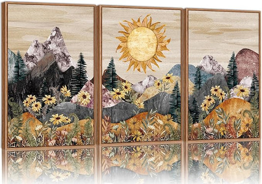 Rantodecor Boho Mountain Framed Canvas Wall Art, Western Daisy Floral Landscape Wall Decor, Rustic Fern Flowers Art Painting, Modern Fantasy Nature Sun Artwork for Bedroom Living Room Office 16"x24"x3