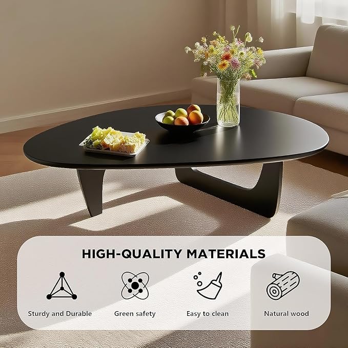 Solid Wood Triangle Coffee Table,Unique Mid Century Modern Oval Coffee Table,Irregular Geometric Tea Tables for Home Living Room with Wooden Tabletop and Reinforced Legs Black 35" L x 24" W x 16" H