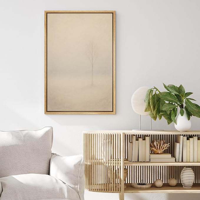MUDECOR Framed Canvas Print Wall Art Lone Tree in Soft Fog Minimalist Neutral Landscape Illustrations Minimalism Decorative Bohemian Colorful Zen for Living Room, Bedroom, Office - 24"x36" NATURAL