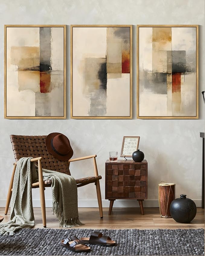 KUVIOKE Framed Abstract Wall Art Minimalist Beige Gray Red Pastel Watercolor Wall Decor Modern Neutral Art Print Home Decor 16x24in (Natural Framed)