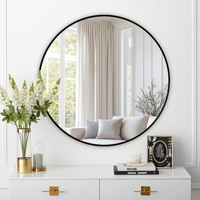 Round Mirror, Wall Mounted Circle Mirror with Brushed Metal Frame, Circular Mirrors for for Bathroom, Living Room, Vanity, Bedroom, Entryway, 36inch, Black