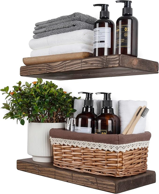BGMG Wood Floating Shelves for wall 18 inch, Distressed Rustic Wooden Wall Mount Shelves for Bathroom Living Room Bedroom Kitchen Farmhouse Set of 2-18x6.7x1.25 inch-Distressed Walnut