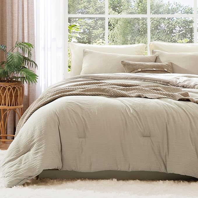 WRENSONGE Queen Comforter Set - 3 Pieces Prewashed Light Oatmeal Comforter Soft Lightweight for All Seasons,Down Alternative Comforters Queen Size with 2 Pillow Shams