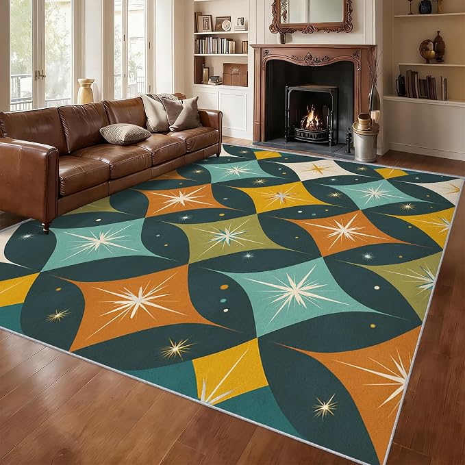 Mid Century Modern Rugs for Bedroom 8x10 ft, MCM Atomic Area Rugs for Living Room, Washable Non Slip Low Pile Large Abstract Geometric Carpet, Home Decor PF-P 107