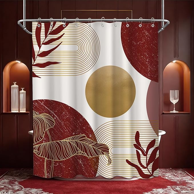 Red and Gold Shower Curtain Burgundy Dark Red and White Shower Curtains for Bathroom Decor Abstract MCM Bath Curtain Set, Waterproof Fabric with Hooks 60 x 72 Inch