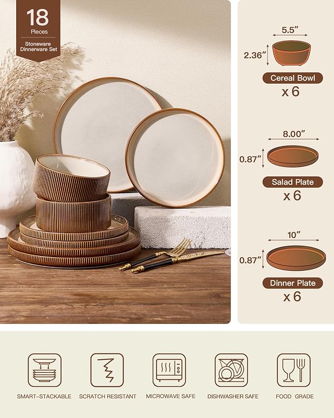 Stoneware Plates and Bowls Dishes Sets Service for 6 (18-Piece), Famiware Premium Handcrafted Reactive Glaze Dinnerware Set with Raised Rim, Scratch Resistant, Microwave Dishwasher Safe, Cream Cocoa