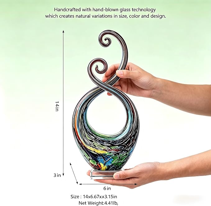 14" Hand Blown Murano Style Glass Sculpture, Abstract Colorful Art Figurine, Modern Designer Home Decor for Living Room Office Patio Garden, Unique Collectible Gift for Art Lovers