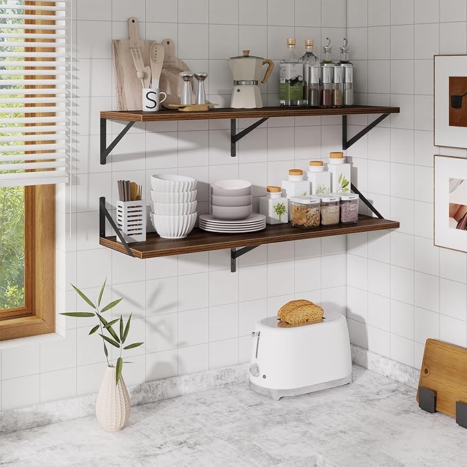 Floating Shelves for Wall,40" Wall Mounted Shelves Set of 2,Long Wood Floating Shelves,Hanging Wide Display & Storage Shelf with Metal Brackets for Bathroom,Bedroom,Kitchen,Living Room,Walnut