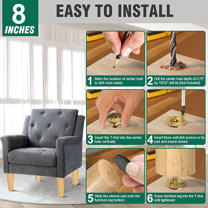 FoDau770 Rubber Wood Furniture Legs 8 Inches, 5/16" UNC Straight Tapered Wood Feet Mid Century Sofa Legs, Wooden Furniture Feet Replacement Parts for Cabinet Couch Dresser Chair Ottoman Table