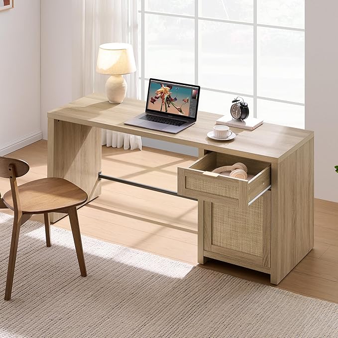 SICOTAS Rattan Home Office Desk with Drawer, 59" Farmhouse Boho Executive Desk with Storage Cabinet, Large Computer Writing Table Vanity Desk for Office, Study, Living Room, Light Oak