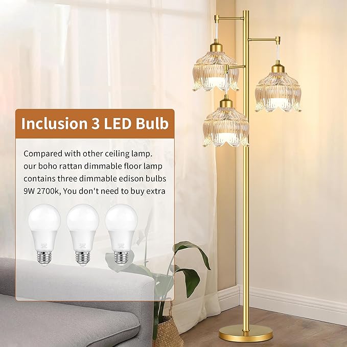 Gold Floor Lamp for Living Room,Bedroom,Mid Century Modern Standing Lamp Brass Tree 3 Light Tall Floor Lamps Vintage Retro Floor Lights Glass Amber Flower Lamp Shade Farmhouse Boho Bohemian