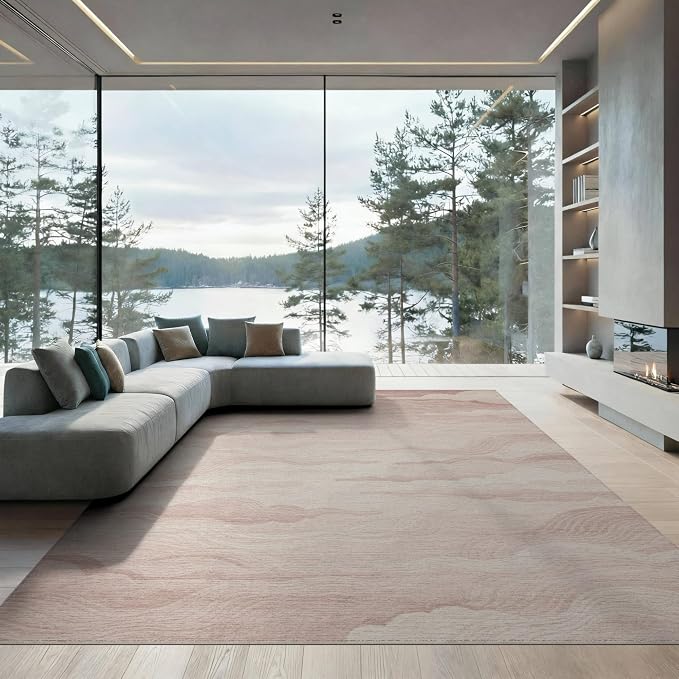 9'x12' Washable Modern Wave Area Rug, Blush Pink Foldable Oversized Carpet Low Profile Flatwoven Floor Covering for Great Room, Indoor Open Concept, Large Living Room | Ref:2208255