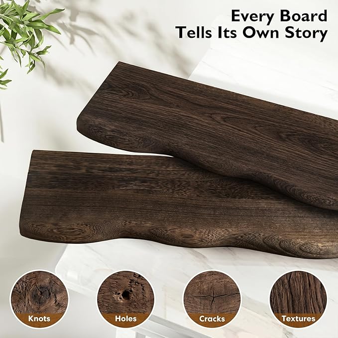 Solid Wood Live Edge Floating Shelves Set of 2 – 24" Rustic Wall Shelf with Hidden Bracket System, Wall Mounted Shelves for Bathroom, Kitchen, Living Room, Bedroom (Charcoal Brown)