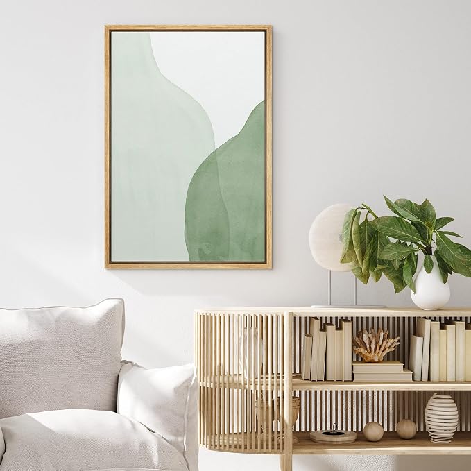 MUDECOR Framed Canvas Print Wall Art Abstract Light & Dark Green Overlay Geometric Shapes Illustrations Minimalism Contemporary Relax/Calm Cool for Living Room, Bedroom, Office - 16"x24" Natural