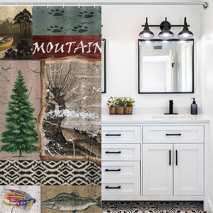 Retro Rustic Bear Shower Curtains, Vintage Deer Farmhouse Forest Cabin Lodge Woodland Adventure Cottage Country Waterproof Shower Curtains for Bathroom Decor 12 Pack Hooks 72x72in (183x183cm