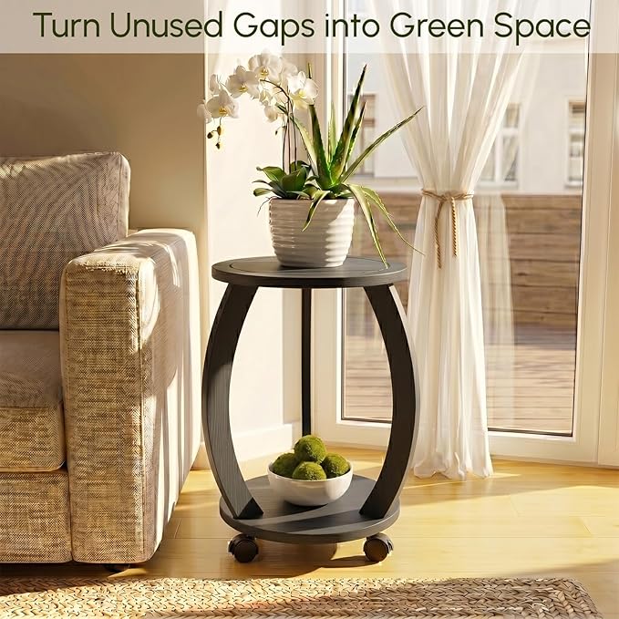 2 Tier Wooden Plant Stand Indoor with Wheels – Tall Plant Stand for 6-12 Inch Pots, Mid-Century Modern Rustic Plant Table Indoor, Pedestal Stand for Corner, Living Room, Balcony, Black