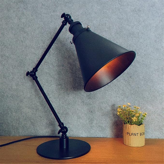 Makeup Vintage Desk Lamp, Industrial Metal Task Table Lamp with Adjustable Swing Arm, Bedroom Bedside Night Light Cafe Antique Reading Lighting,Black