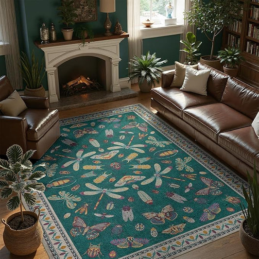 DCX 5x7 Washable Insect Rug, Vintage Gothic Deep Teal Rug with Non-Slip Rubber Backing, Soft Low-Pile, Stain-Resistant, Kid & Pet Friendly, for Living Room, Bedroom, Office, and Nature-Themed Decor