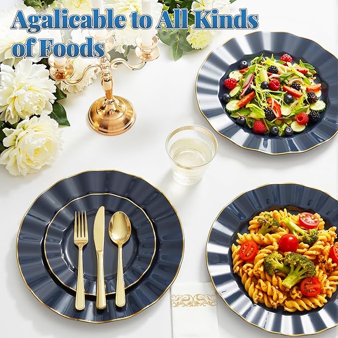 175 Plastic Dinnerware Set, Disposable Dinnerware Set for 25 Guests Include 50 Plastic Plates,25 Silverware Set,25 Cups and 25 Napkins for Christmas,Party,Wedding(Navy Blue and Gold)