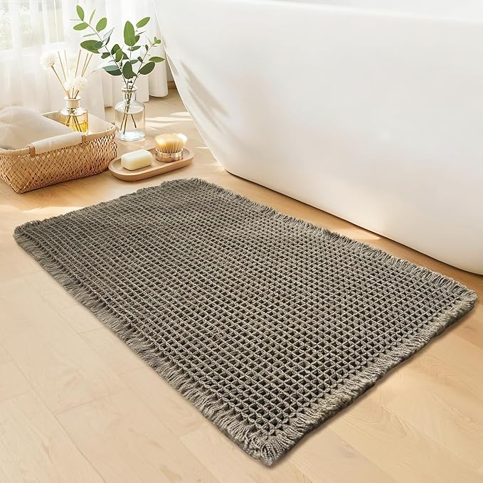 Waffle Bath Mat - Boho Bathroom Rugs Non Slip Washable, Super Absorbent & Quick Dry, Soft Bath Mat Farmhouse Bathroom Decor, 20'' x 32'', Olive Green