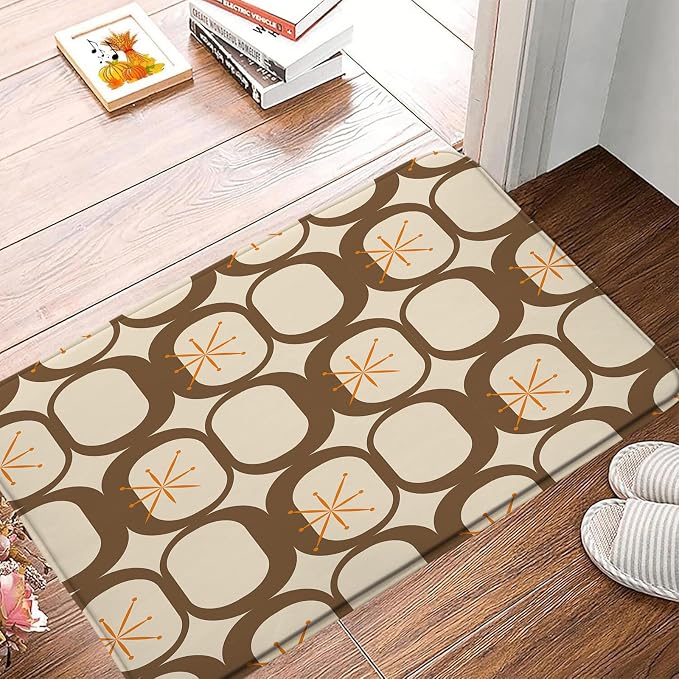 Mid Century Modern Bath Mat Abstract Atomic Geometric Retro 1950s Brown Bathroom Kitchen Toilet Rugs,24x36 Inch